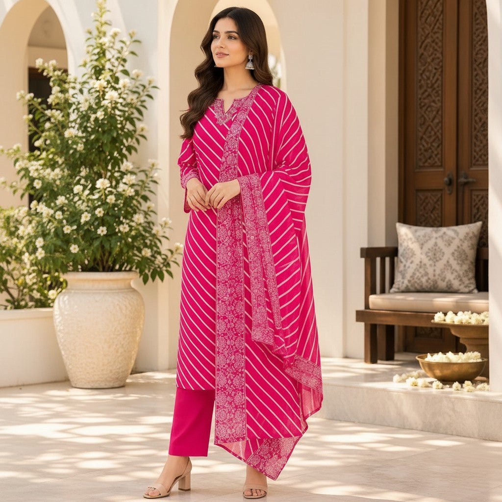 Fuchsia Pink Printed Kurti Set with Matching Dupatta