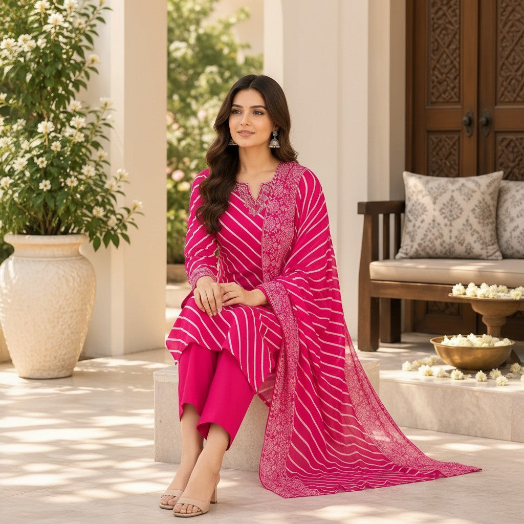 Fuchsia Pink Printed Kurti Set with Matching Dupatta