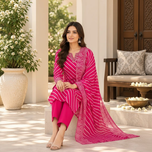 Fuchsia Pink Printed Kurti Set with Matching Dupatta