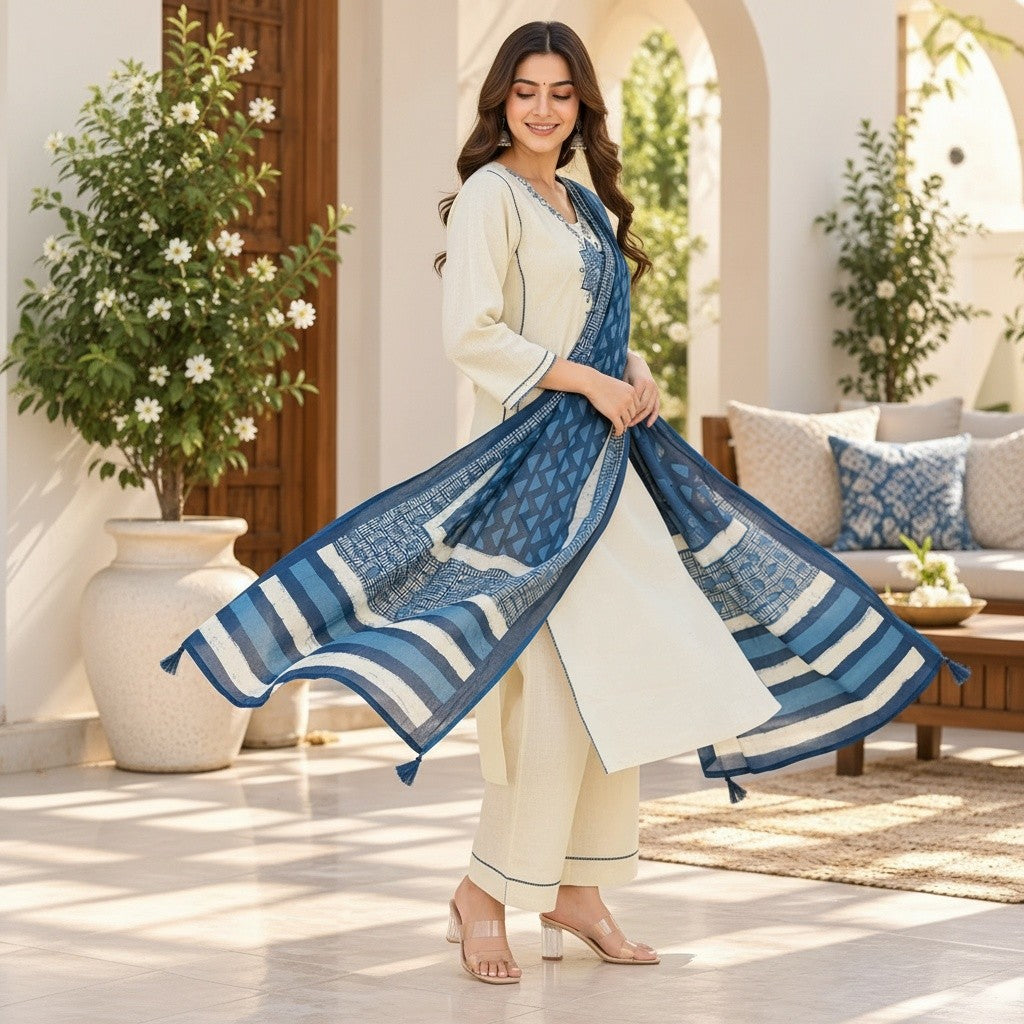 Ivory Blue Elegance Printed Kurti Set