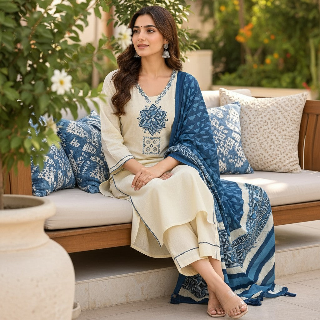 Ivory Blue Elegance Printed Kurti Set