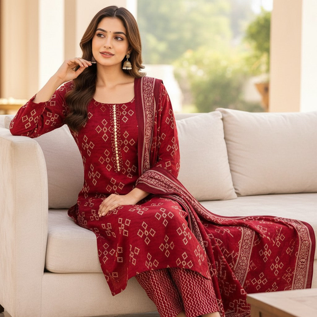 Maroon Heritage Printed Kurti Set