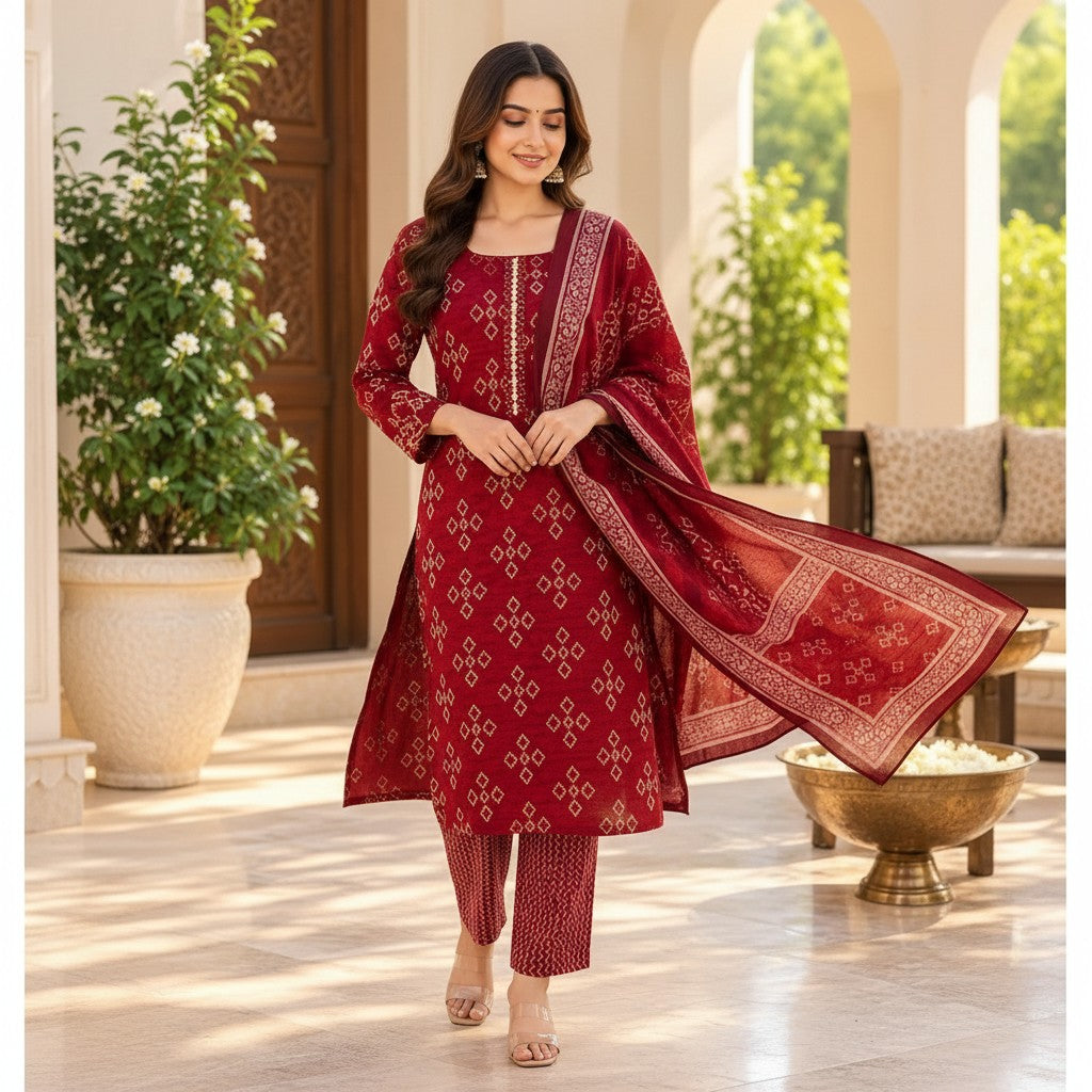 Maroon Heritage Printed Kurti Set