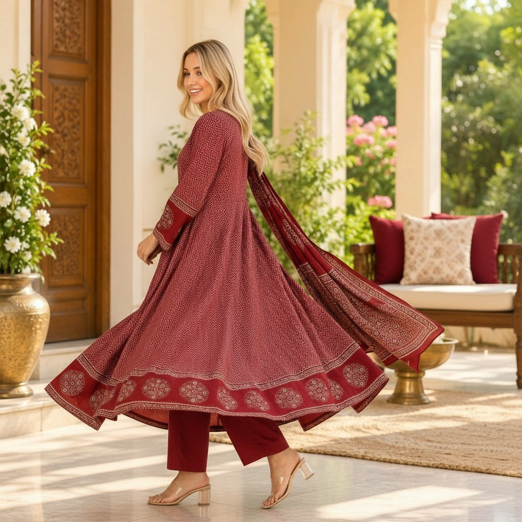 Maroon Printed Kurti Set with Dupatta