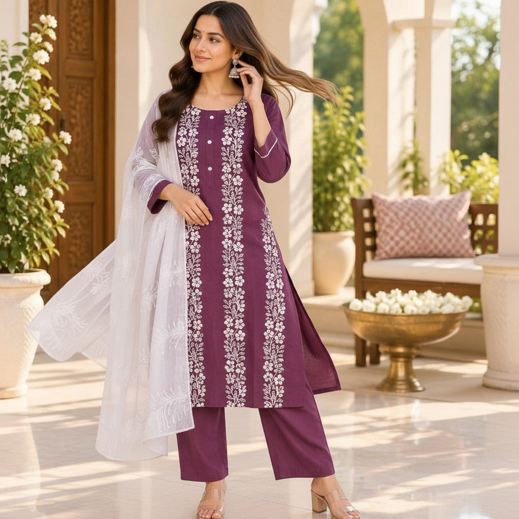 Plum Floral Embroidered Kurti Set with White Dupatta