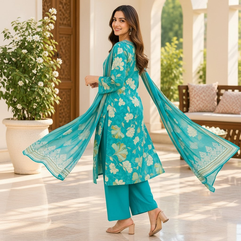 Teal Floral Embroidered Kurti Set