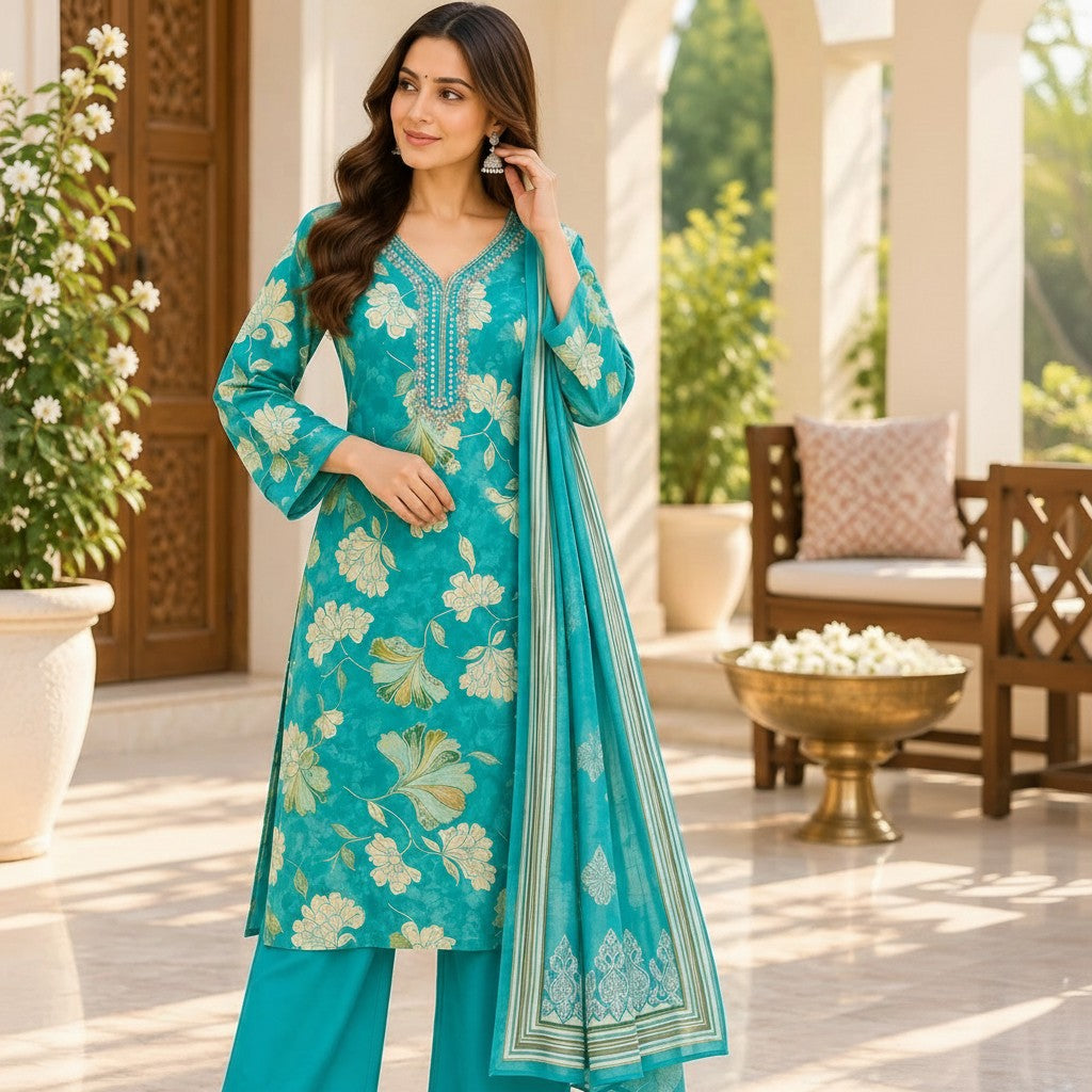 Teal Floral Embroidered Kurti Set
