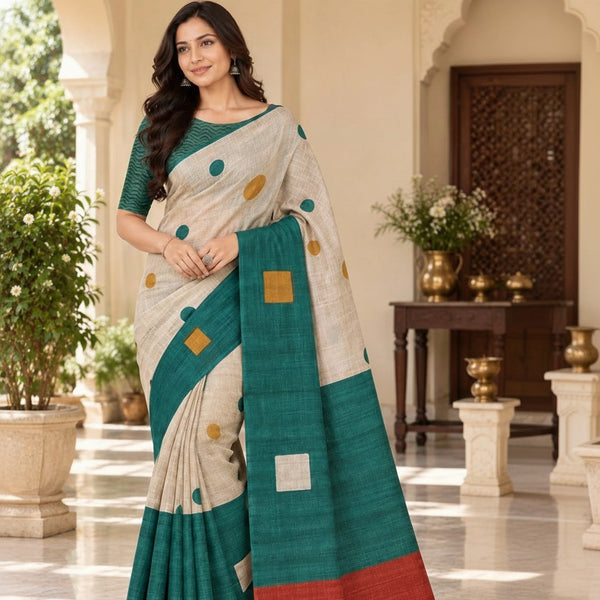 Elegant Teal & Rust Handloom Saree with Printed Blouse