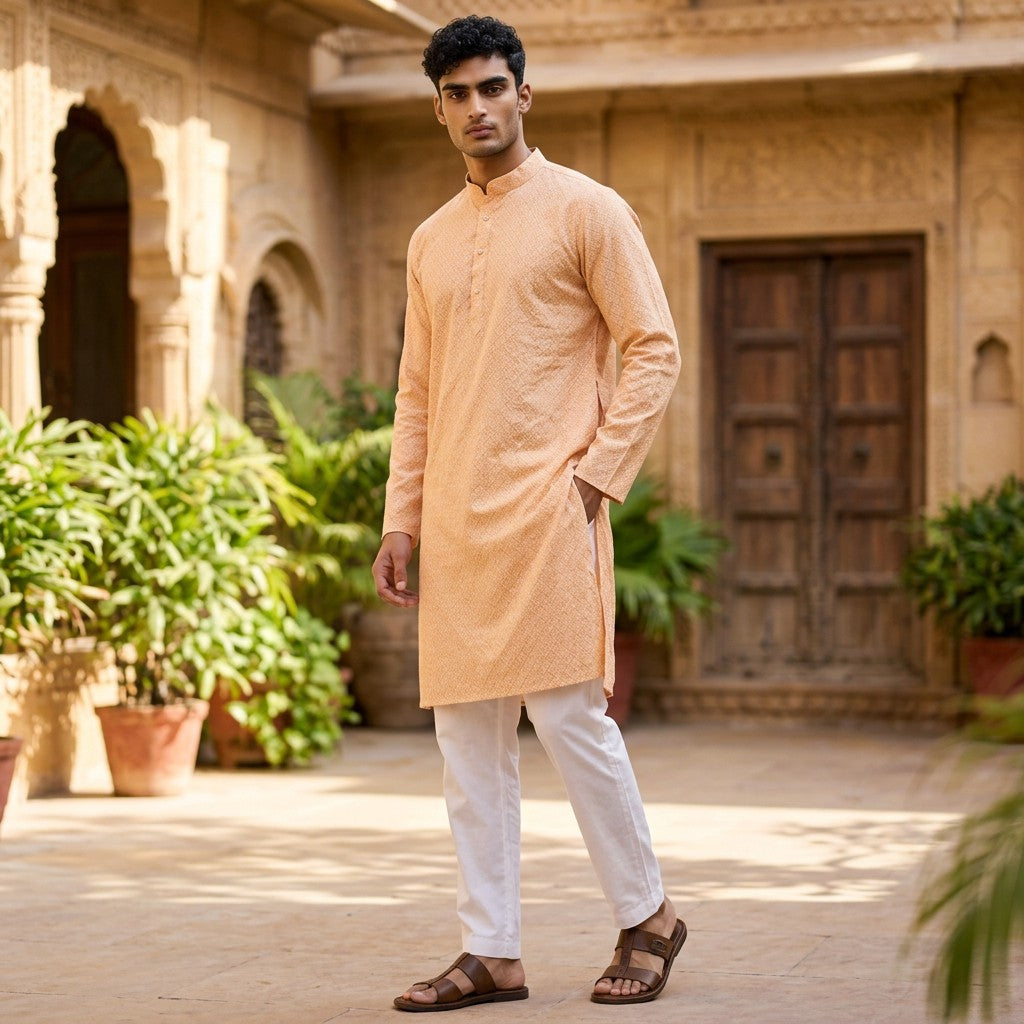 Light Yellow & White Printed Polyester Kurta for Men