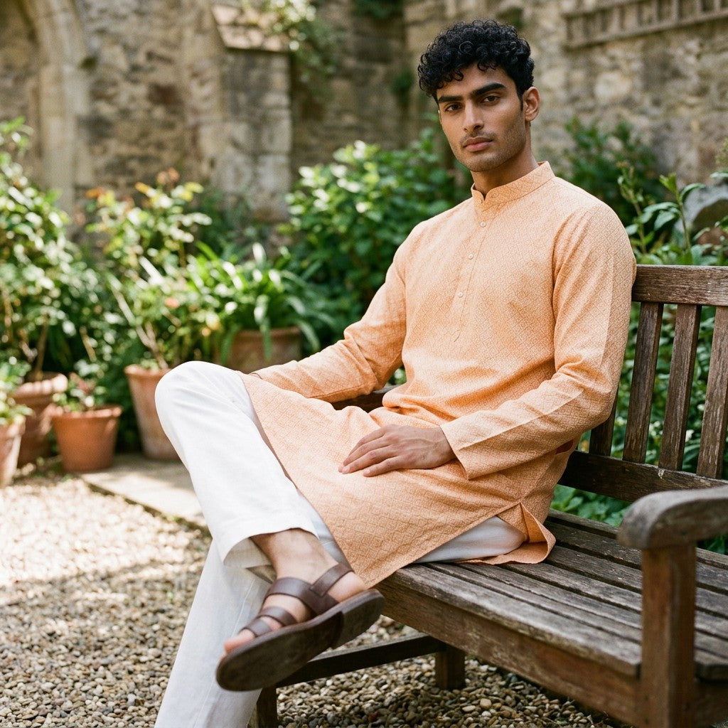 Light Yellow & White Printed Polyester Kurta for Men