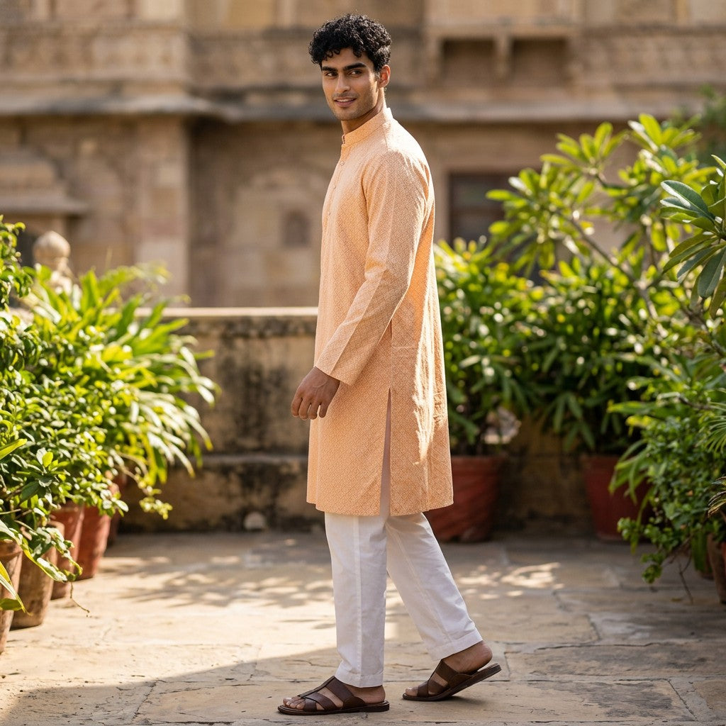 Light Yellow & White Printed Polyester Kurta for Men