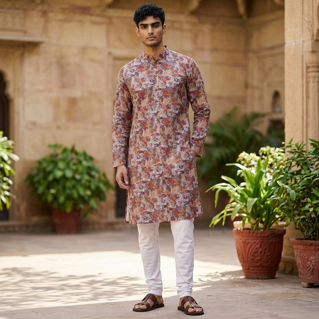 Multicolor Printed Polyester Kurta for Men
