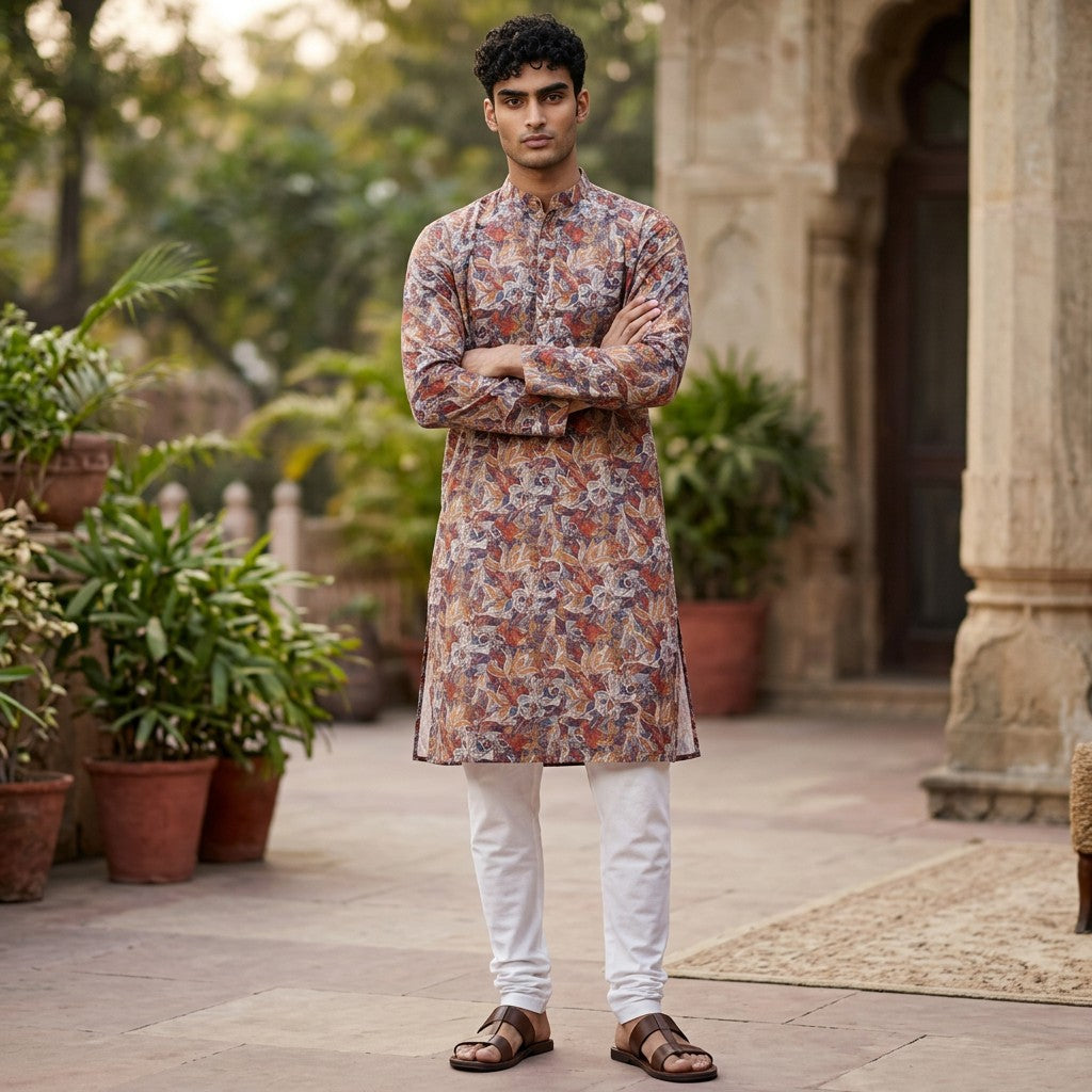 Multicolor Printed Polyester Kurta for Men